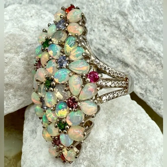 Premium Ethiopian Welo Opal & MultiGemstone 5.75 ctw Statement Ring Platinum/925 - Picture 6 of 17